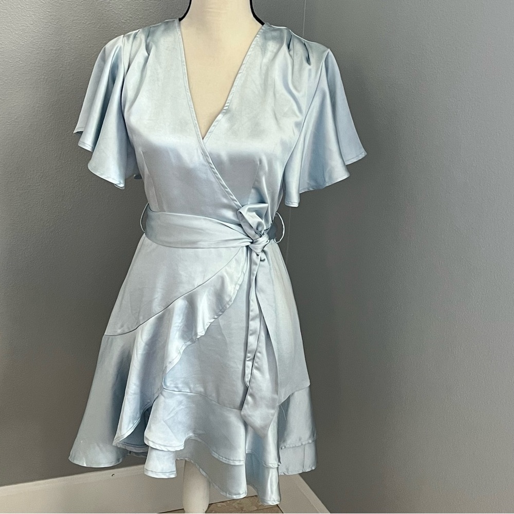 Blue Ruffled Mini Dress with Flutter Sleeves and V-Neck
